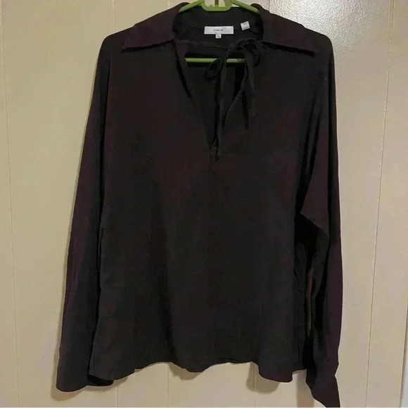 Vince. Chocolate brown XS tie blouse long sleeves with mother of pearl buttons - Picture 1 of 7